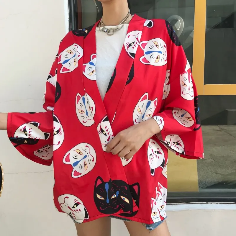 Harajuku Kimono Japanese Cats Printing Loose Casual Cardigan Sun Protect Blouse 2019 New Fashion Women Outwear