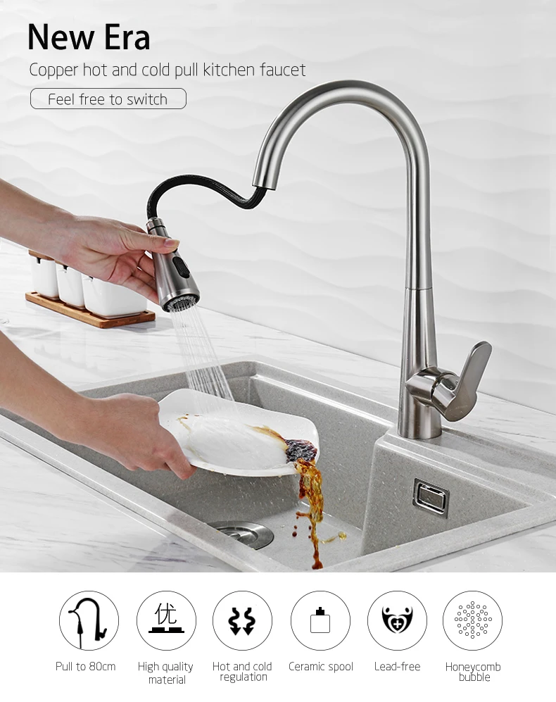 High Arc Brushed Nickel Pull Out Kitchen Water Tap Single Hole Swivel 360 Degree Kitchen Sink Faucet with Pull Down Sprayer