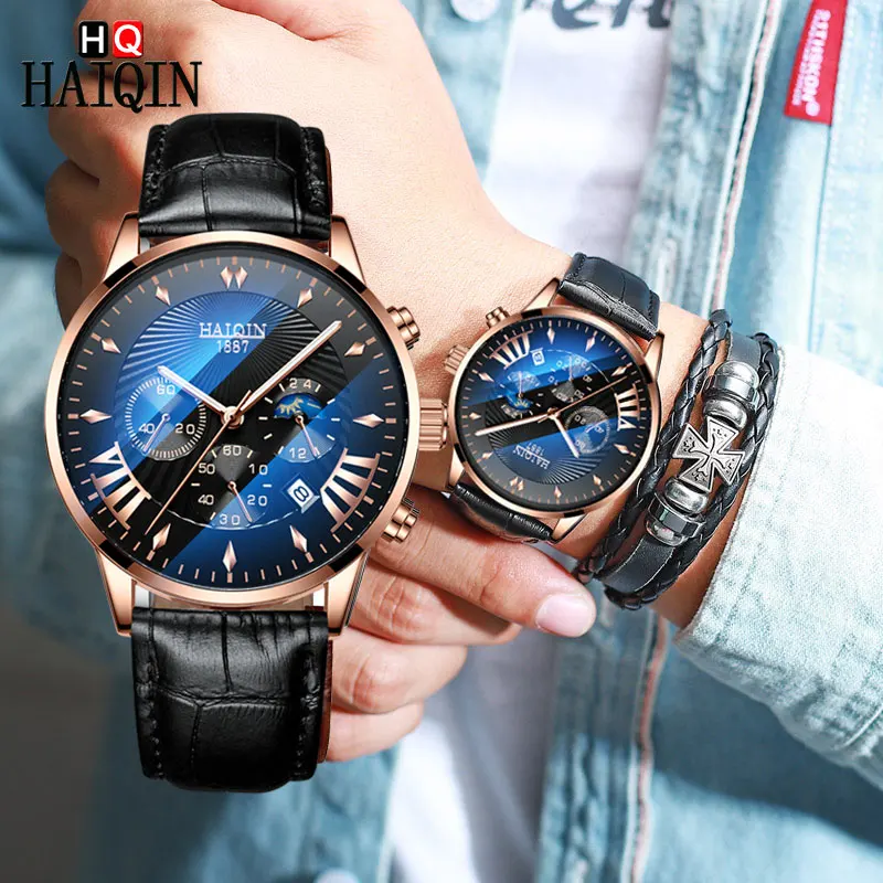 

HAIQIN Men's Watches Top Brand Luxury Men Watch Black Quartz Military Watch Waterproof Moon Phase Men Clock Relogio Masculino