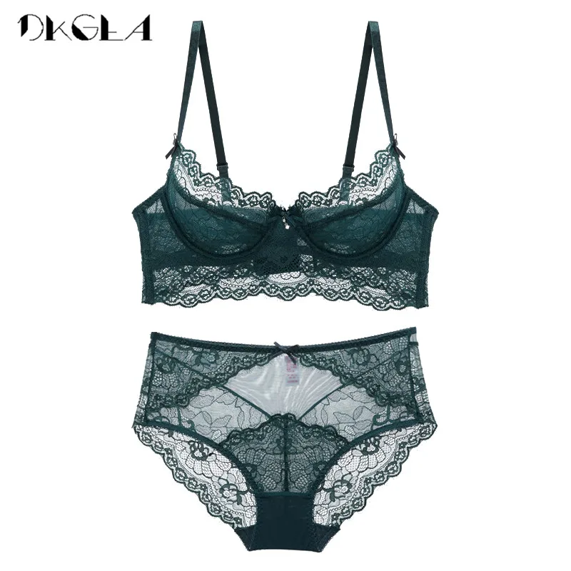 Kopen Diepe V Sexy Ondergoed Ultradunne Bh Set Plus Size Beha Groene Vrouwen Lingerie Set Kant Borduurwerk Transparante Beha Slipje Set