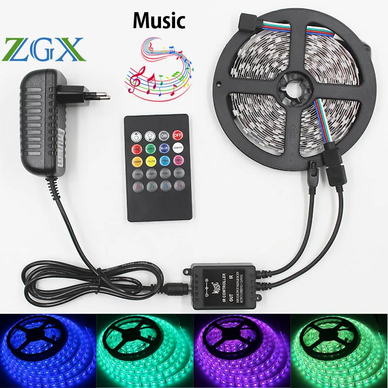 Zgx SMD 5050 3528 музыка синхронизация RGB Светодиодные полосы света 5 м 10 м не Водонепроницаемые гибкие Декор DC 12 В