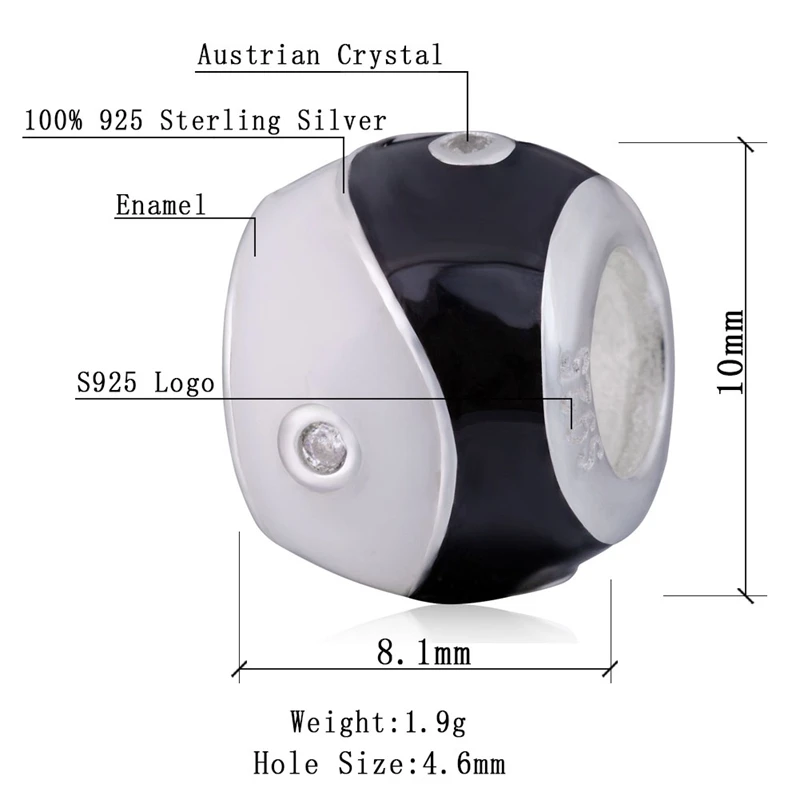 Sambaah китайский Инь Ян Тай Чи Шарм 925 пробы серебро YinYang Бусины Подходят Пандора стиль DIY ювелирные изделия браслет SS0365