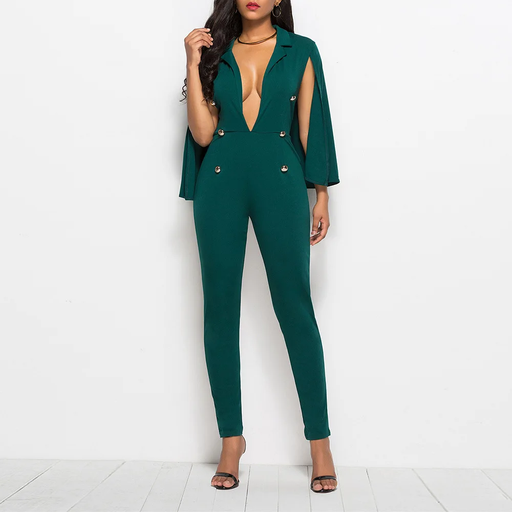 

Sexy Skinny Jumpsuits Women Spring & Summer Plus Size Deep V Neck Sleeveless Cloak Rompers Womens Jumpsuit Long Trousers Mujer