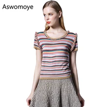 Новые летние модные женские туфли футболки трикотажные полосы золота Мухомор короткий рукав свитер женский Футболки О-образным вырезом