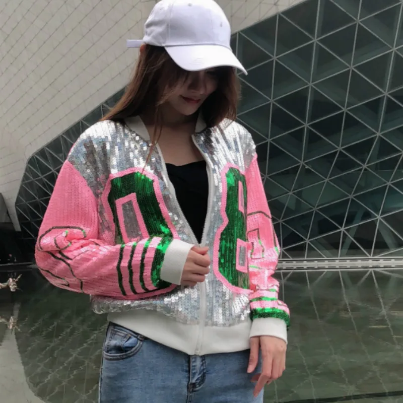 

Stand Collar Sequins Gauze Jacket Number 08 Contrast Color Beading Baseball Coat Zipper Cardigan Long-sleeved Dance Tops 2019