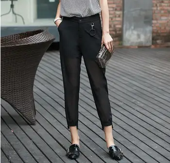 

2017 New Women's Chiffon Trousers Sexy Perspective Pants Elastic Mid Waist Iregualar Foot Mouth Leggings Pantalon FemmeLG36
