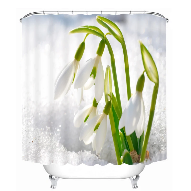 

White Flowers Pattern 3D Shower Curtain Polyester Fabric Waterproof Shower Curtain Eco-Friendly Bathroom Curtain Home