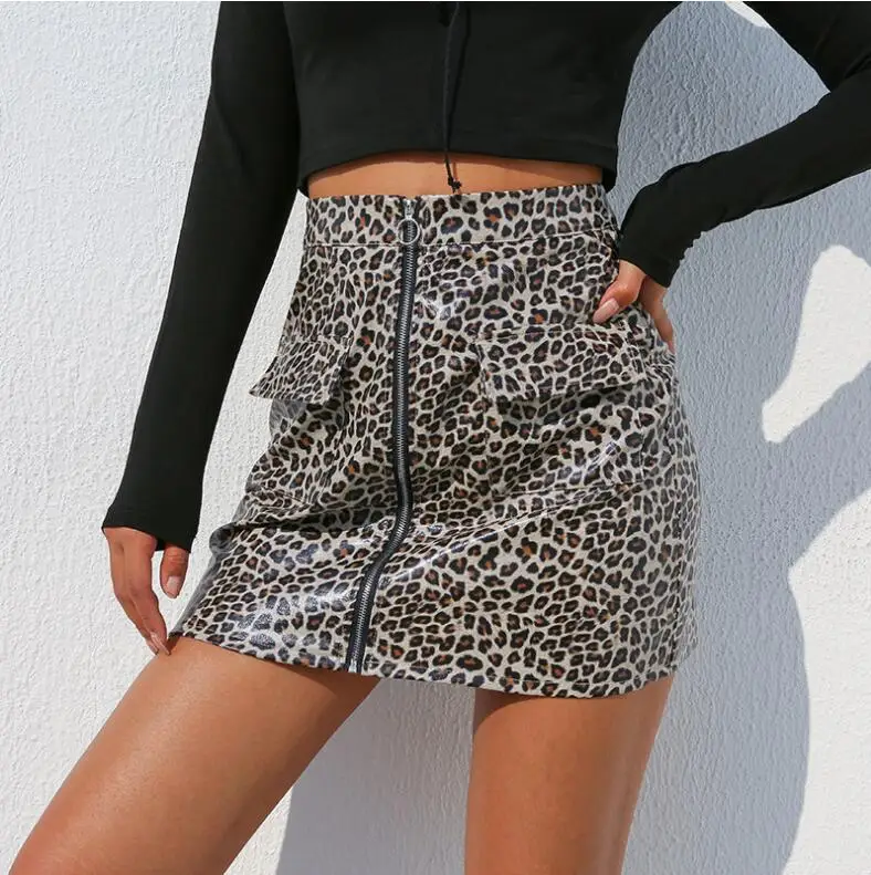 С леопардовым принтом Высокая талия юбка Harajuku из искусственной кожи Обёрточная бумага юбки женские прямые корейский мини Короткая юбка
