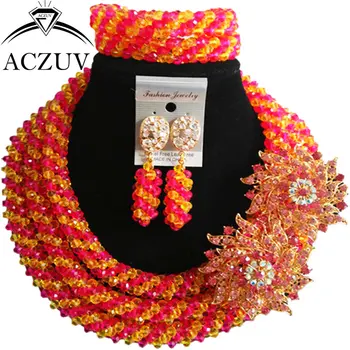 

ACZUV Hot Pink and Yellow Crystal Costume African Jewelry Set for Women Nigerian Wedding Beads A3R008