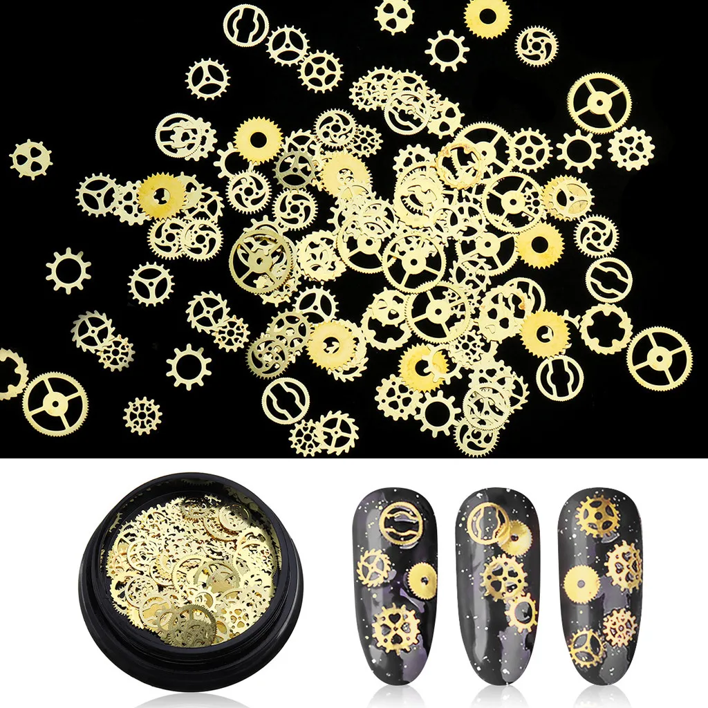 

1 Box Metal Gold Gear Stud Sheet Mixed Steampunk Wind Clock Mechanical For Nails Design 3D Nail Art Decoration