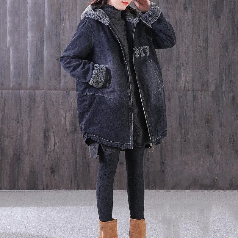 New Women Denim Jacket Spring Lamb Hair Plus Velvet Thickening Hooded Outerwear Winter Medium Long Warm Loose Cowboy Coat Lj277