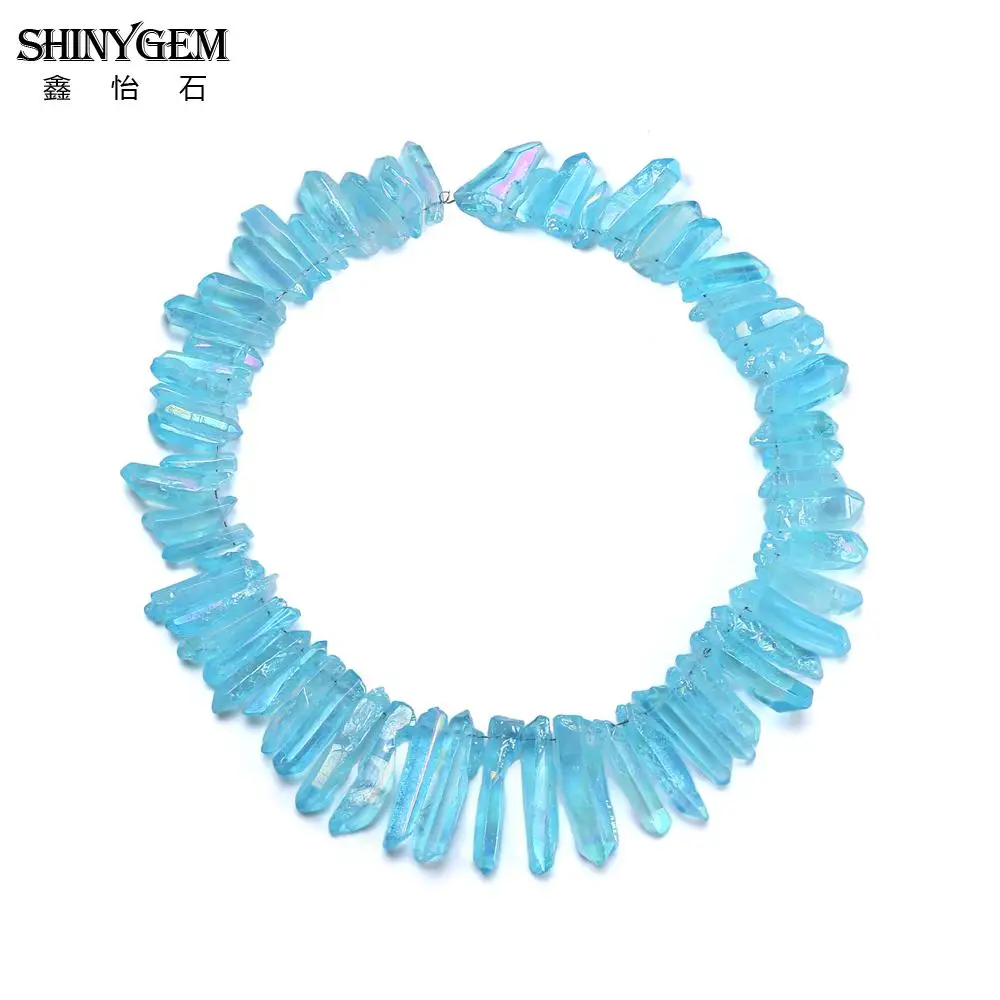 

SHINYGEM Sea Blue AB Crystal Point Full Strand Rainbow Plating Crystal Pillar Druzy Natural Stone Beads For Jewelry Making 50pcs