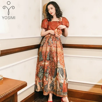

YOSIMI 2019 Summer Maxi Vintage Print Long Dresses Evening Party Women Dress Ankle-Lenght Short Sleeve Court Style High Quality