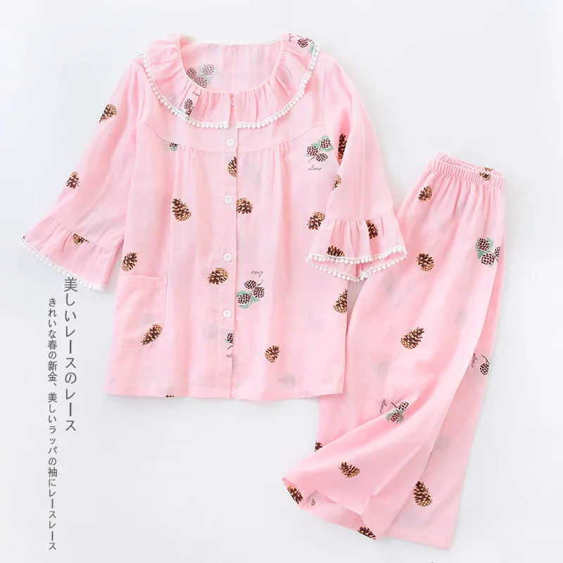 Female Summer Seven-Sleeve Pijama Mujer Pink Pure Cotton Yarn Sleepwear Sexy Pajama Sets Women Korean Cute Sweet Thin Home Suit - Color: Pink pinecone