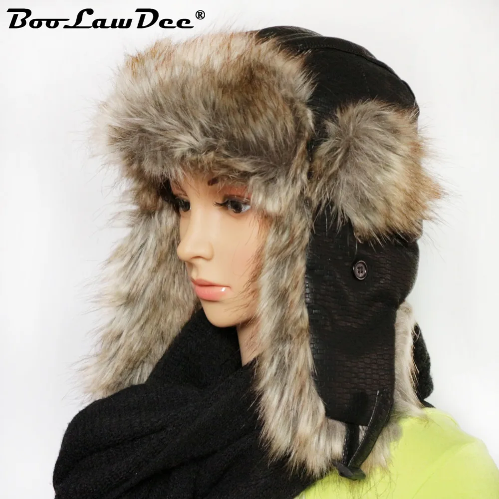 

BooLawDee plaid PU leather winter fur hat unisex adult bomber caps for men women Russian headpiece female and male M210