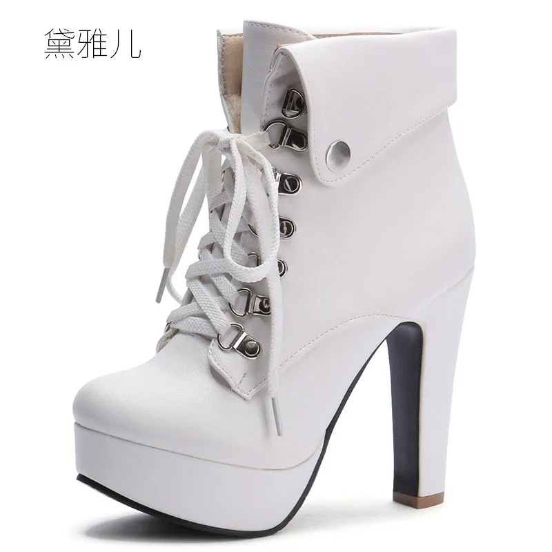 

Small Size 31-43 2018 White Lace-up High Heel Ankle Boots for Women Ladies Shoes Woman Girl Spring Autumn Black Comfortable