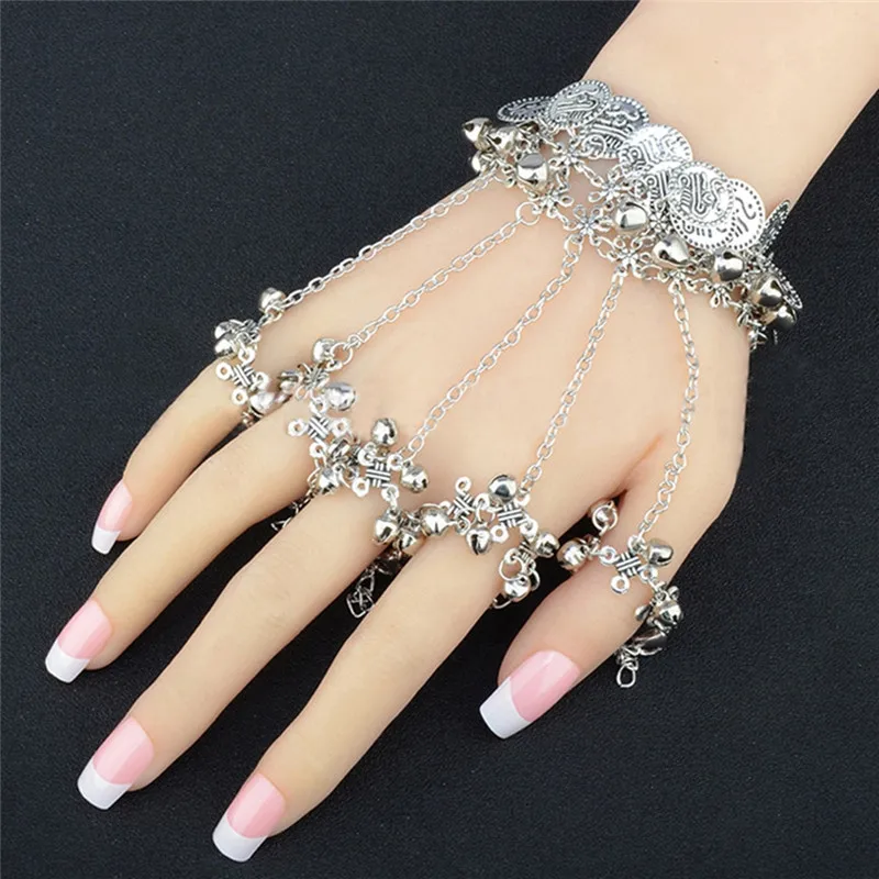 Finger Ring Hand Chain Harness Bracelet Retro Silver Gold New Multi Chain Punk Coin Rounds Bells Bangles For Women