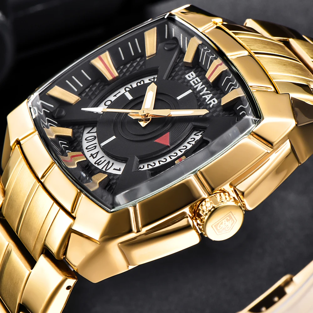 

BENYAR Stainless Steel Men Watch Fashion Male Date Calendar Clock Sports Golden Watchband Waterproof Man Quartz Wrist Watches