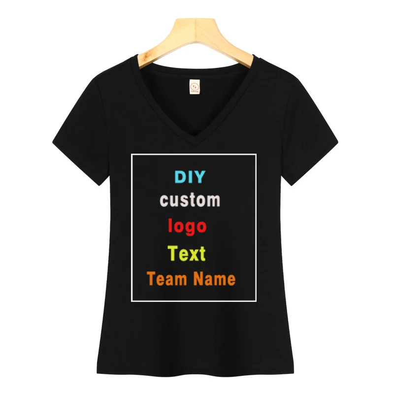 

Sexy Slim Cotton Women V neck Summer Short Sleeve T shirt Custom Logo Photo printed text Solid Female Shirts Tees Tops T-shirts
