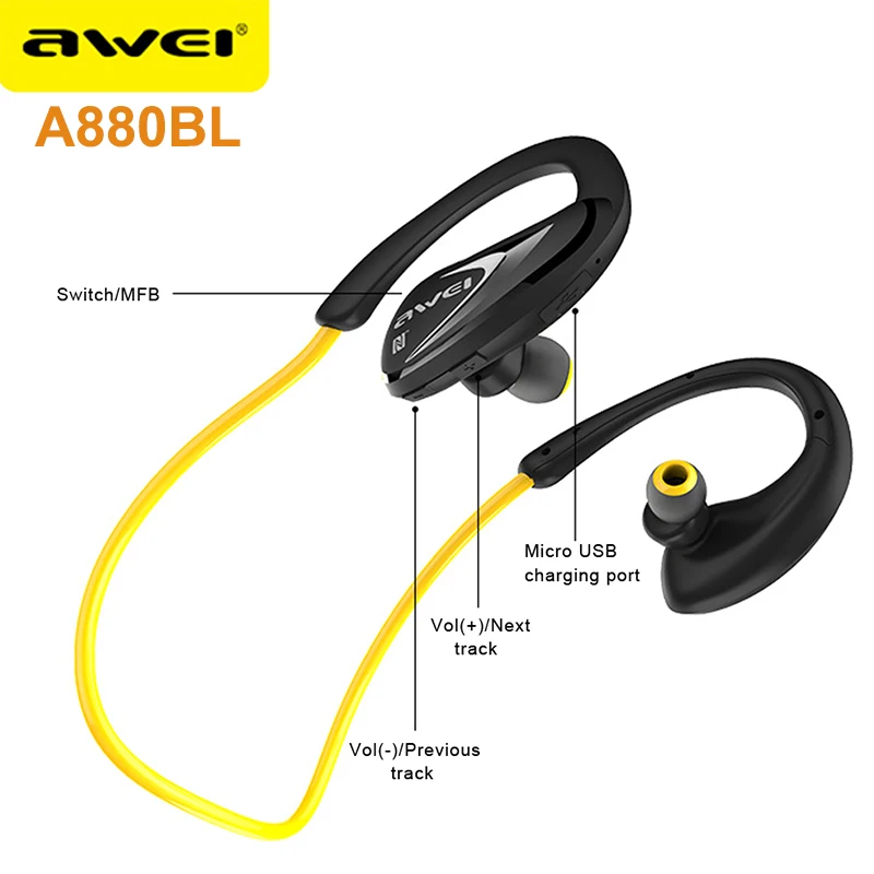 Awei A880BL беспроводные Bluetooth наушники NFC APT X HiFi CVC ушной крючок умные шумоподавление