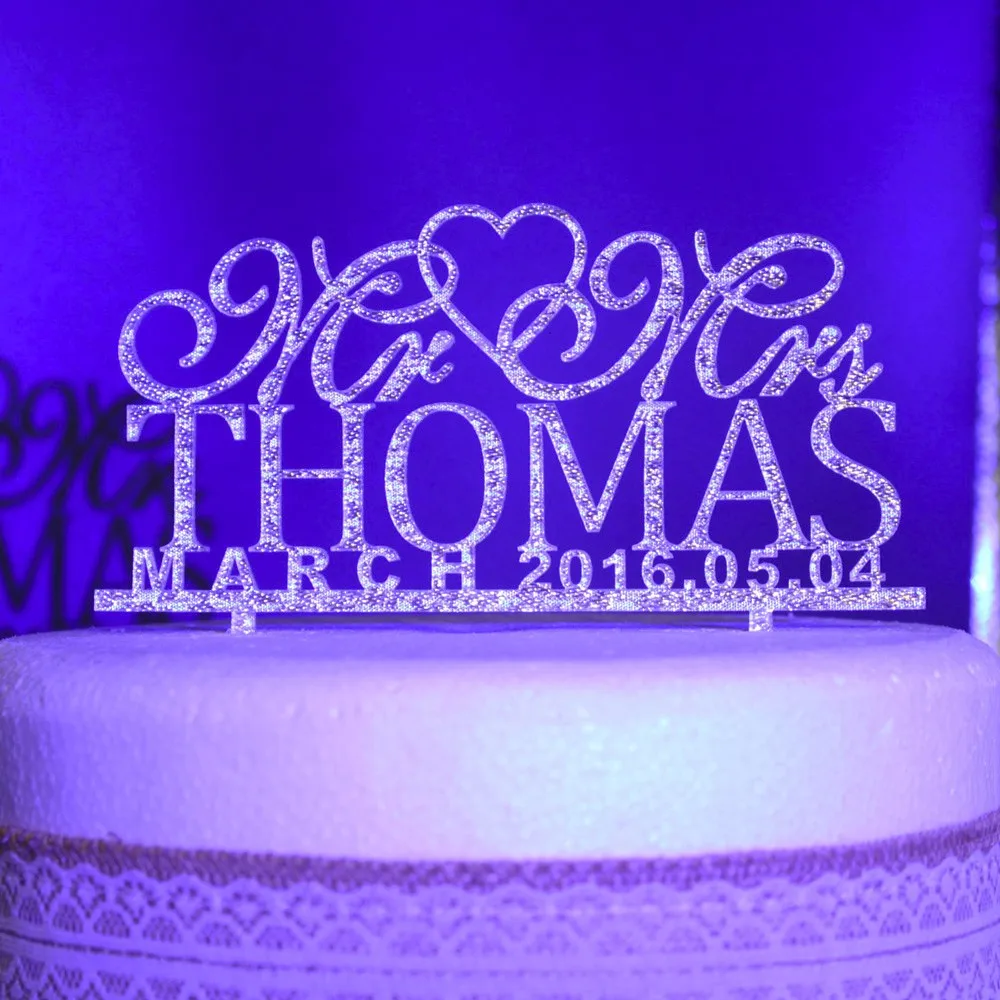 Personalized Wedding Cake Toppers, Custom name date Mr Mrs Acrylic gold silver glitter Wedding Party Decoration cake Accessory