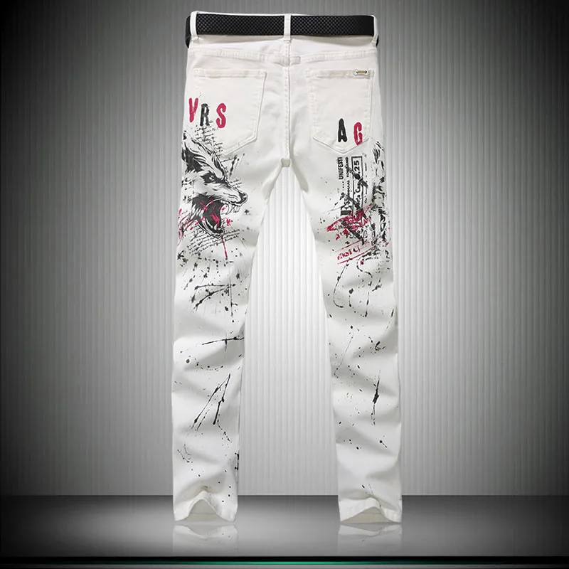 Мужские белые джинсы с принтом волка, эластичные облегающие прямые брюки, Топ бренд, окрашенные джинсовые штаны для мужчин