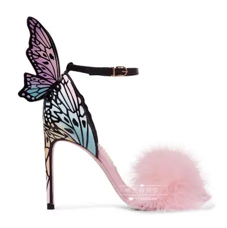 

Women Sandals Butterfly Wing Decor High Heel Woman Shoes Stiletto Brand Runway Star Shoes Fur Decor Colorful Shoes Wedding