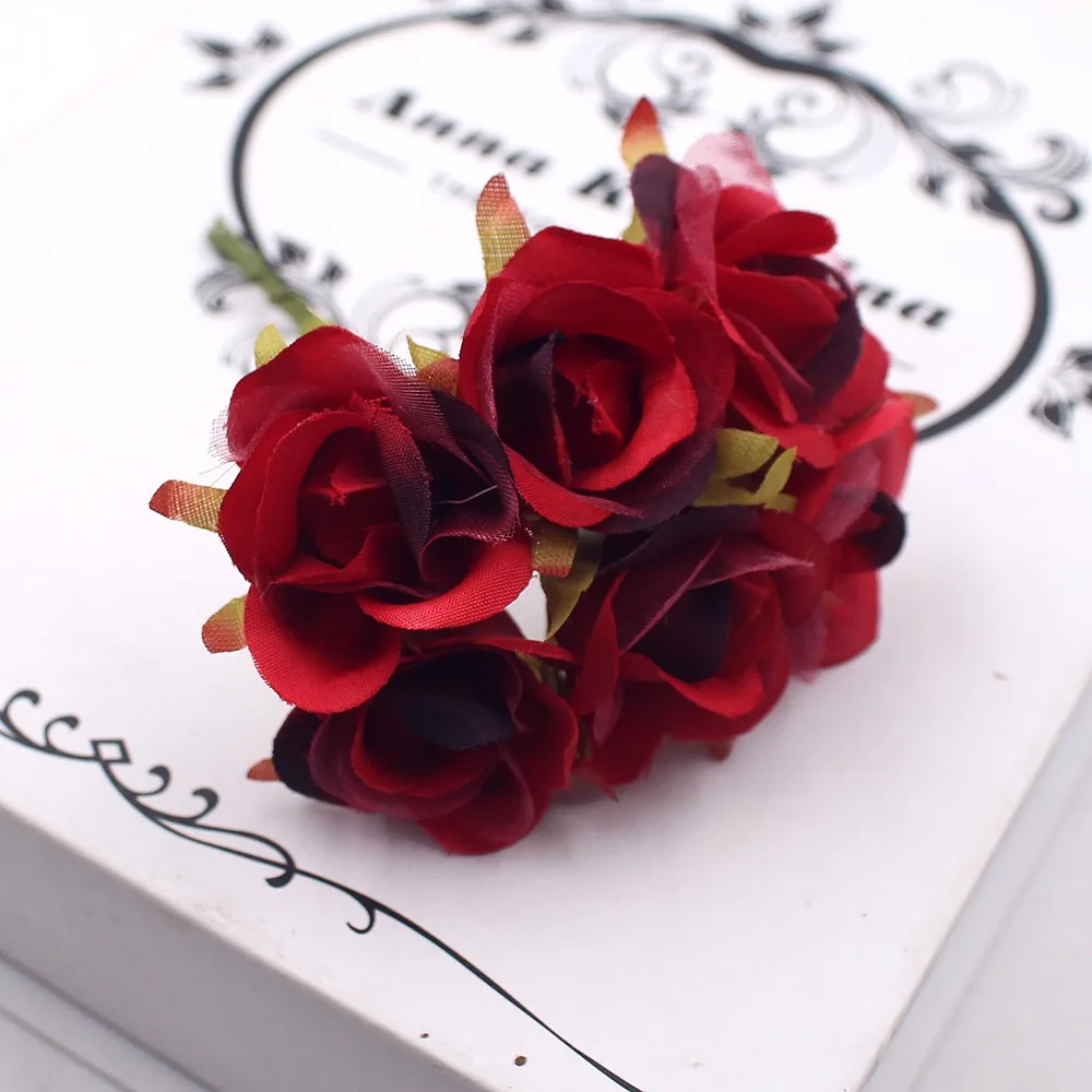 

6Pcs/lot Artificial Flowers Simple Red Rose Bouquet Wedding Home Decorative Accessories Fleurs DIY Scrapbook Craft Flower