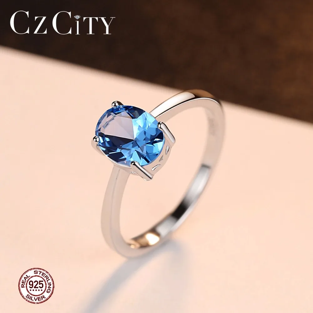 CZCITY кольцо из стерлингового серебра с натуральным пасьянсом небесно-голубым овальным топазом для женщин, модное S925 ювелирное изделие, кольца на палец