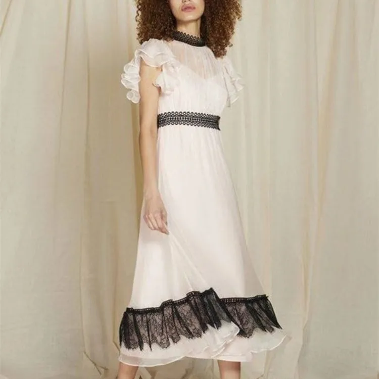 

Runway Designer 2019 Spring Summer Dresses Women's Chiffon Patchwork Lace Sexy Hollow Out Empire Waist Ruffles Lady Dress
