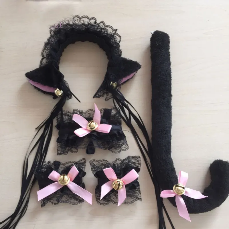 

LOVELIVE Cospaly 5PC/Set Cute Kawail Cat Meow Keyhole Embroidery Lace Ears+Tail+Lace Bell Choker Collar+Lace Wrist Bell FX1021