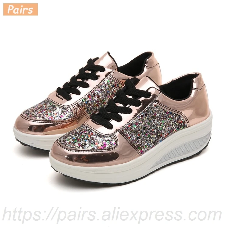 

Women Platform Shoes Wedge Sneaker Lace-Up Bling Ladies Shoes Silver Gold White Sequins Wedge Sneaker Zapatos Mujer Dropshipping