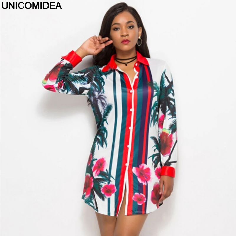 

Hawaii Women Blouse Dress Turn Down Collar Dress Women Floral Print Mini Loose Dress Robe Sexy Boho Autumn Casual Femme Vestidos
