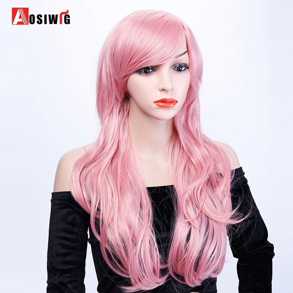 Розовый длинный волнистый парик синтетические волосы вечерние костюмы Высокая температура волокна косплей парик для женщин AOSIWIG