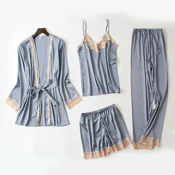 

Pink Women 4 Pieces Pajamas Sets Emulation Silk Pajamas Ladies Sleepwear Sets Long Sleeve Pijamas Sets Pyjamas Women Homewear