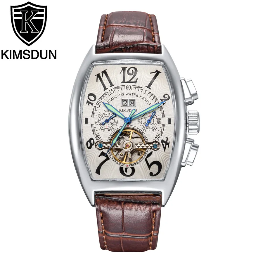 

KIMSDUN Watch Men Luxury Waterproof Tonneau Fashion Business Watch Men Casual Leather Tourbillon Movement Men's Watches Clock