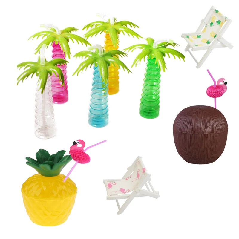 

Pineapple Coconut Cup Hawaiian Tropical Luau Party Decor Summer Beach Party Plastic Fruit Cups with Flamingo Straws Water Bottle