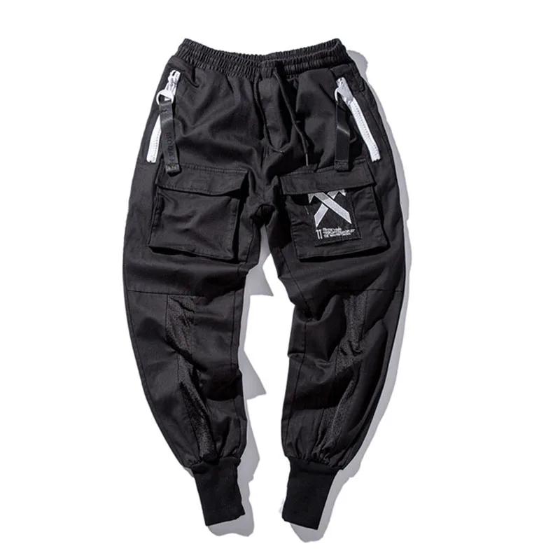 Мужские черные брюки-карго в стиле хип-хоп с карманами, с лентами, на молнии, с эластичным поясом, с вышитыми буквами, повседневные штаны для бега - Цвет: Black