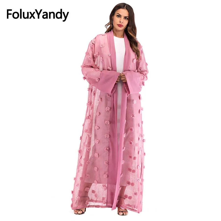 

Floral Appliques Abaya Muslim Dubai Style Women Plus Size Open Stitch Loose Long Sleeve Transparent Mesh Abaya Vestidos CMCN42
