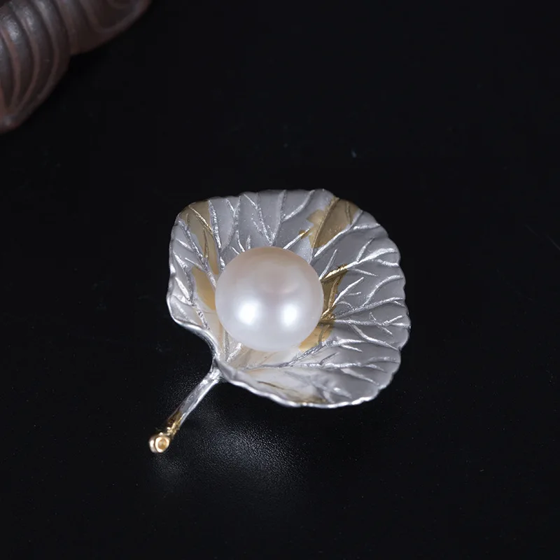 

925 sterling silver 10mm pearl brooches silver collar needle natural freshwater pearl tree leaves brooches for wome men jewelry