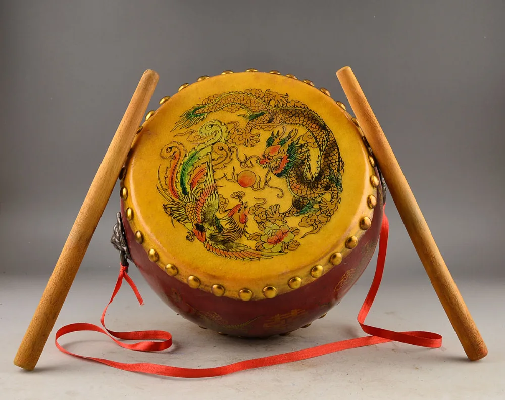 

East Old Leather Handmade Exquisite Wood Drum Longfeng Rare Decoration Painting
