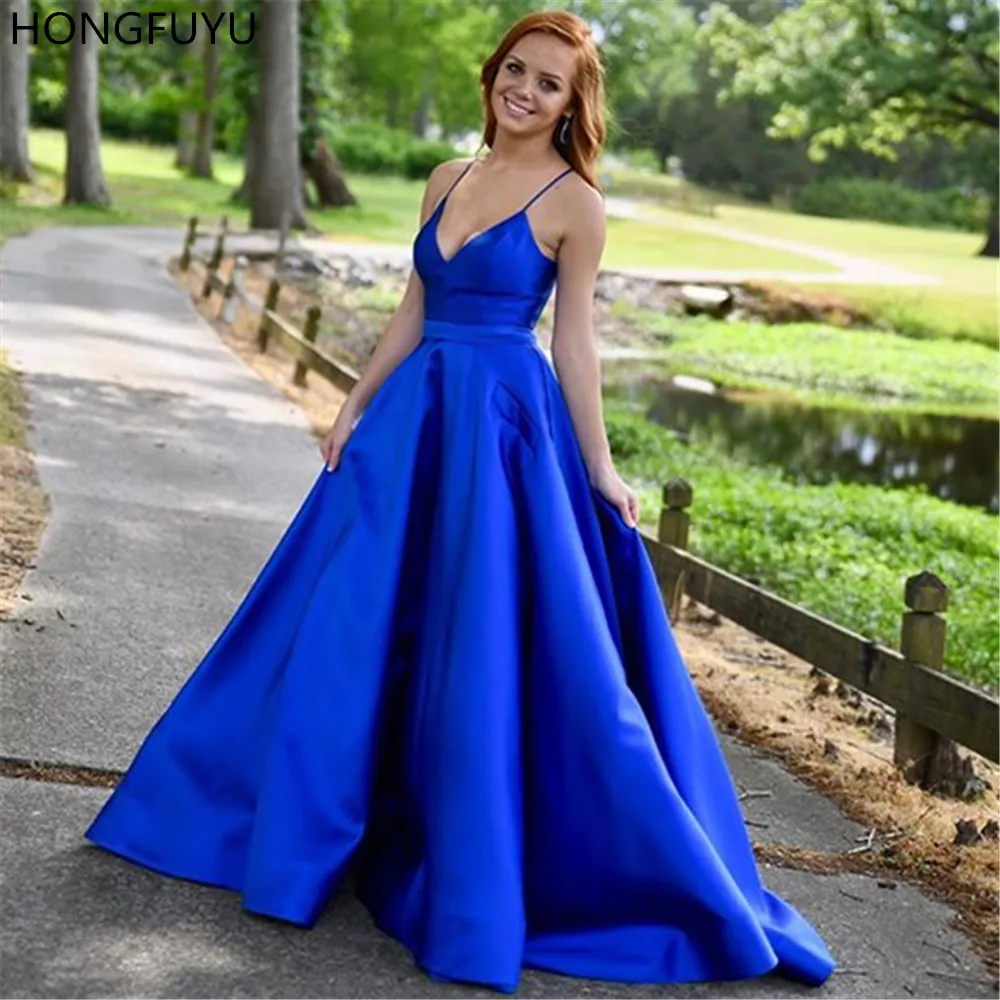 

HONGFUYU A-line Spaghetti Straps Prom Dresses Satin Formal Evening Gowns Sleeveless Party Dresses robe de soiree Long Elegant
