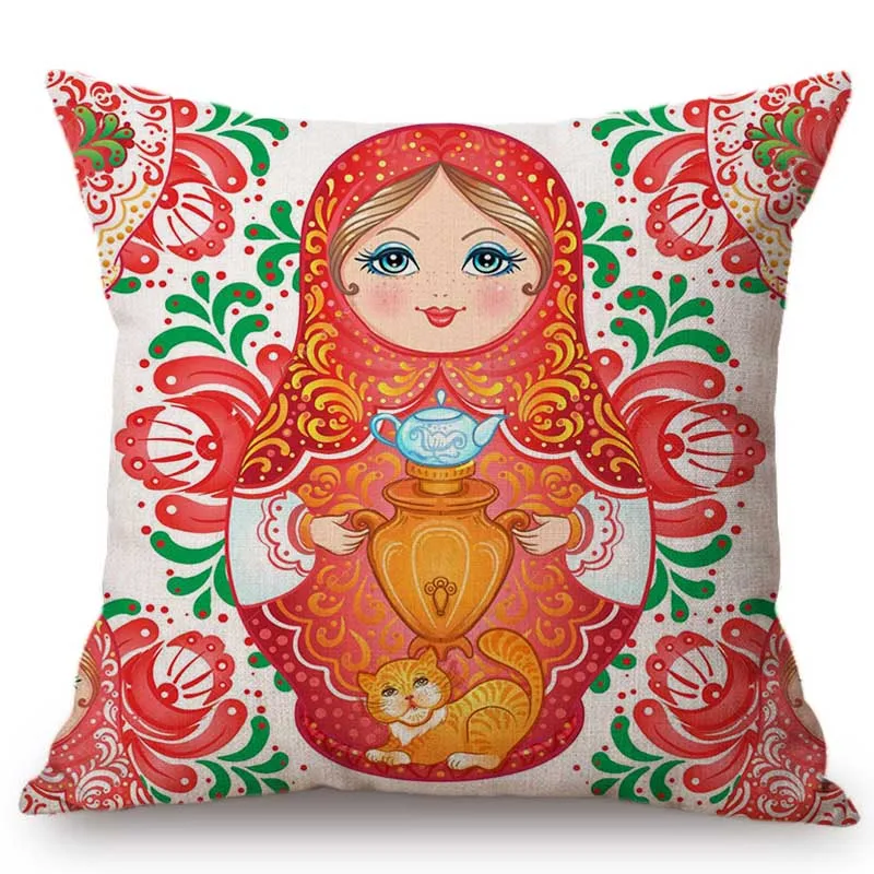 

Cute Moscow Souvenir Matryoshka Russian Doll Pattern Home Decoration Sofa Throw Pillow Case Russia Style Linen Cushion Cover