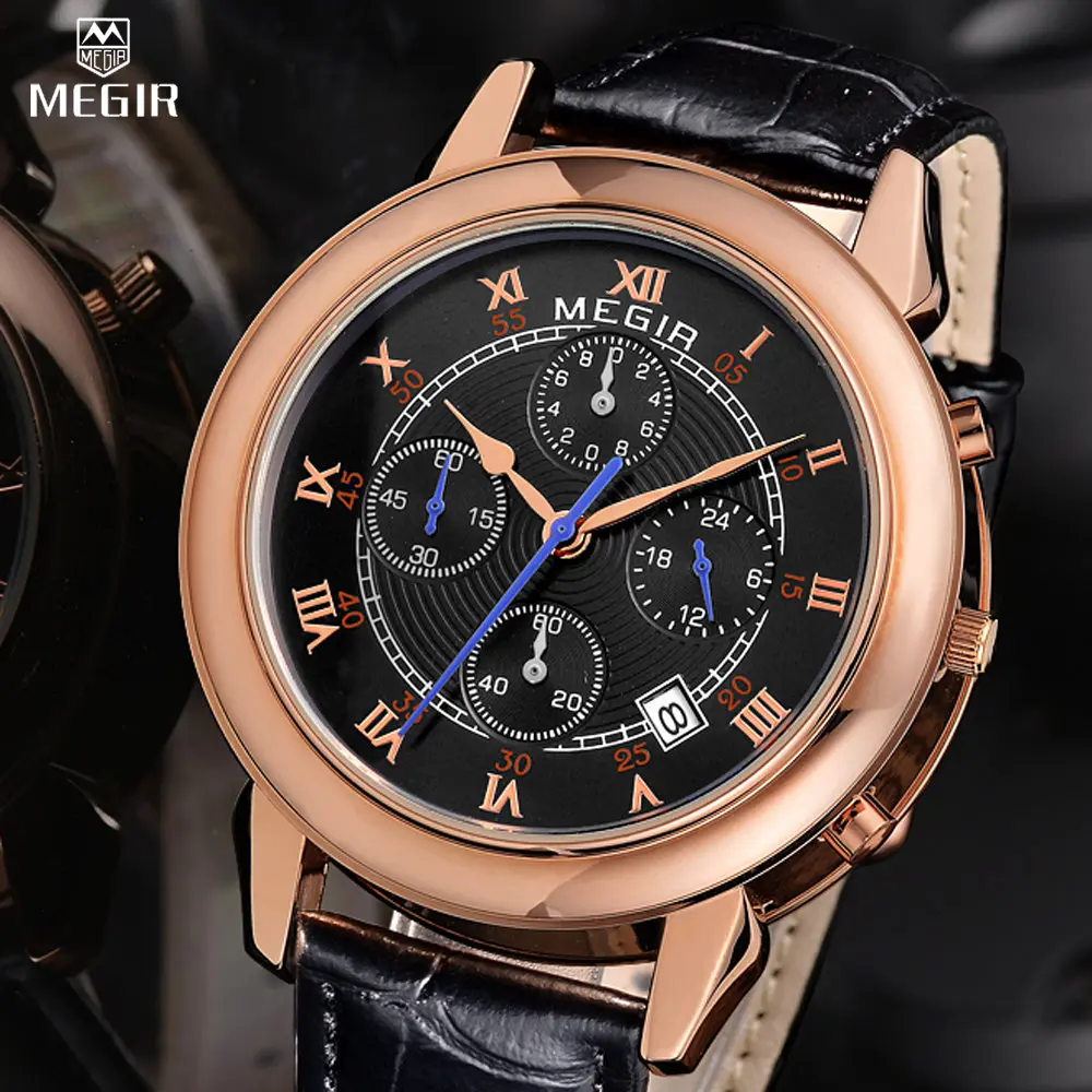 MEGIR multiple time zone men's quartz watch creative leather military style analog two face star