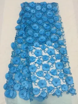 

African Lace Fabric 2018 French Net Lace new Sky Blue Applique Beads fabric 5yard High Quality African Tulle Beaded Lace Fabric