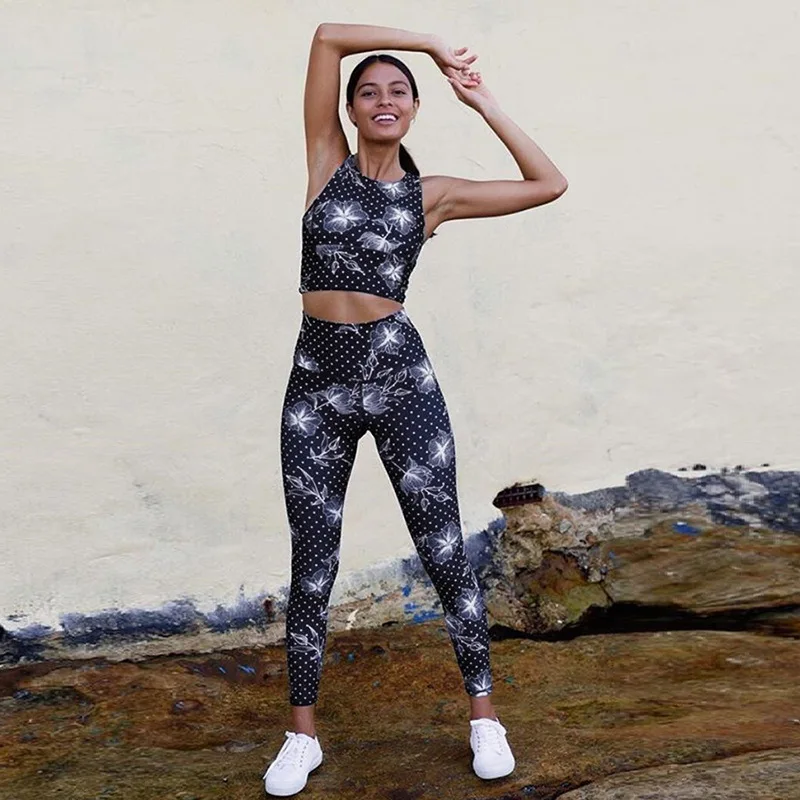 

Women Sportswear Tracksuit Flower Prinded Elastic Yoga Pants Leggings Padded Yoga Top Bra Vest Running Jogger Fitness Outfit Set