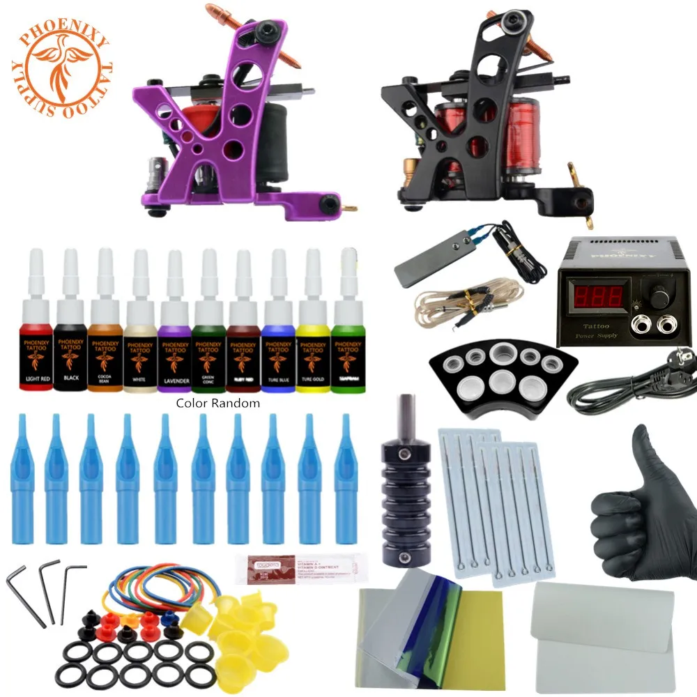 Professional Tattoo Kit Tattoo Machine Set Two 8 Wrap Coils Gun LCD Power Supply 10 Color Ink