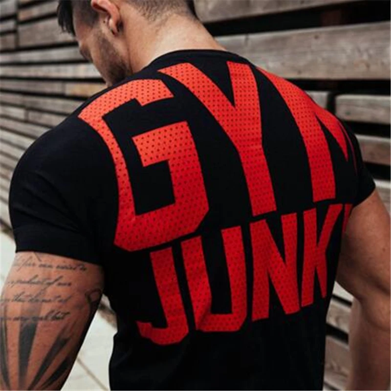 

2019 Summer Men T shirt Homme shirt Fitness Bodybuilding Letter Printed Male Short Cotton Running Sport Tee Tops 5 Color