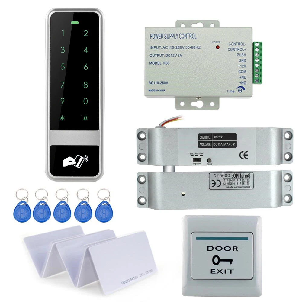 

Metal Keypad RFID access control system C50+electric drop bolt lock+3A/12V power supply+exit button+10pcs key cards
