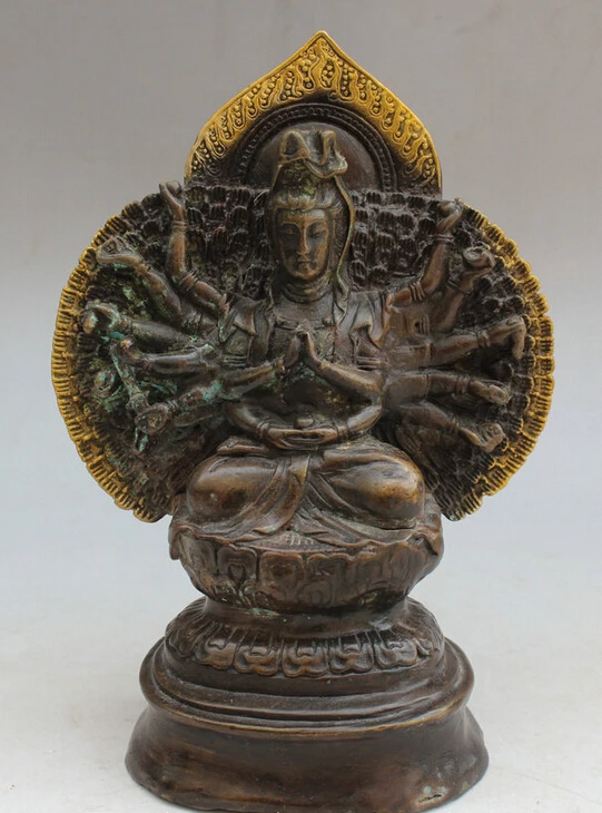 

S1657 8" Old Tibet Bronze Seat 1000 Arms Avalokiteshvara of Goddess Kwan-yin Statue D0317